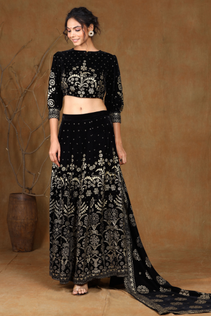Women's Black Velvet Printed Lehenga Choli Dupatta Set