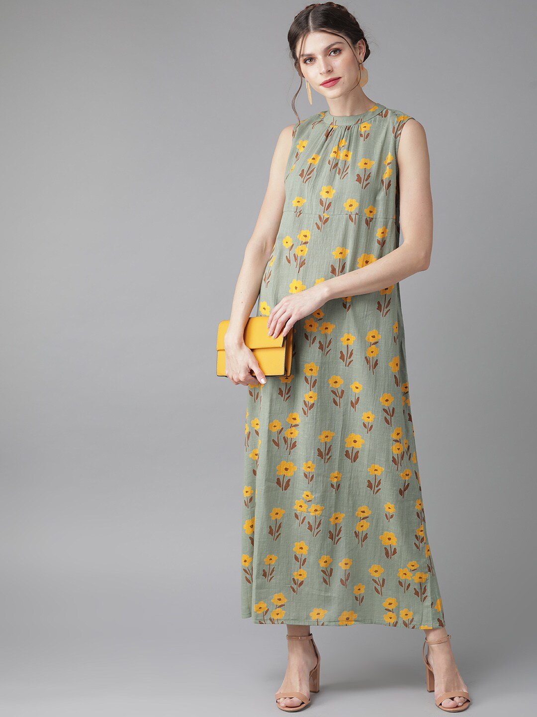 Women's  Green & Mustard Yellow Printed Maxi Dress