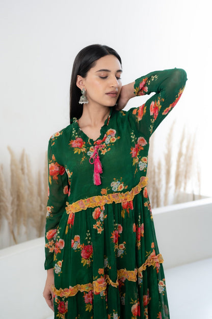 Womenâ€™s Green Floral Printed Long Dress by Myshka-