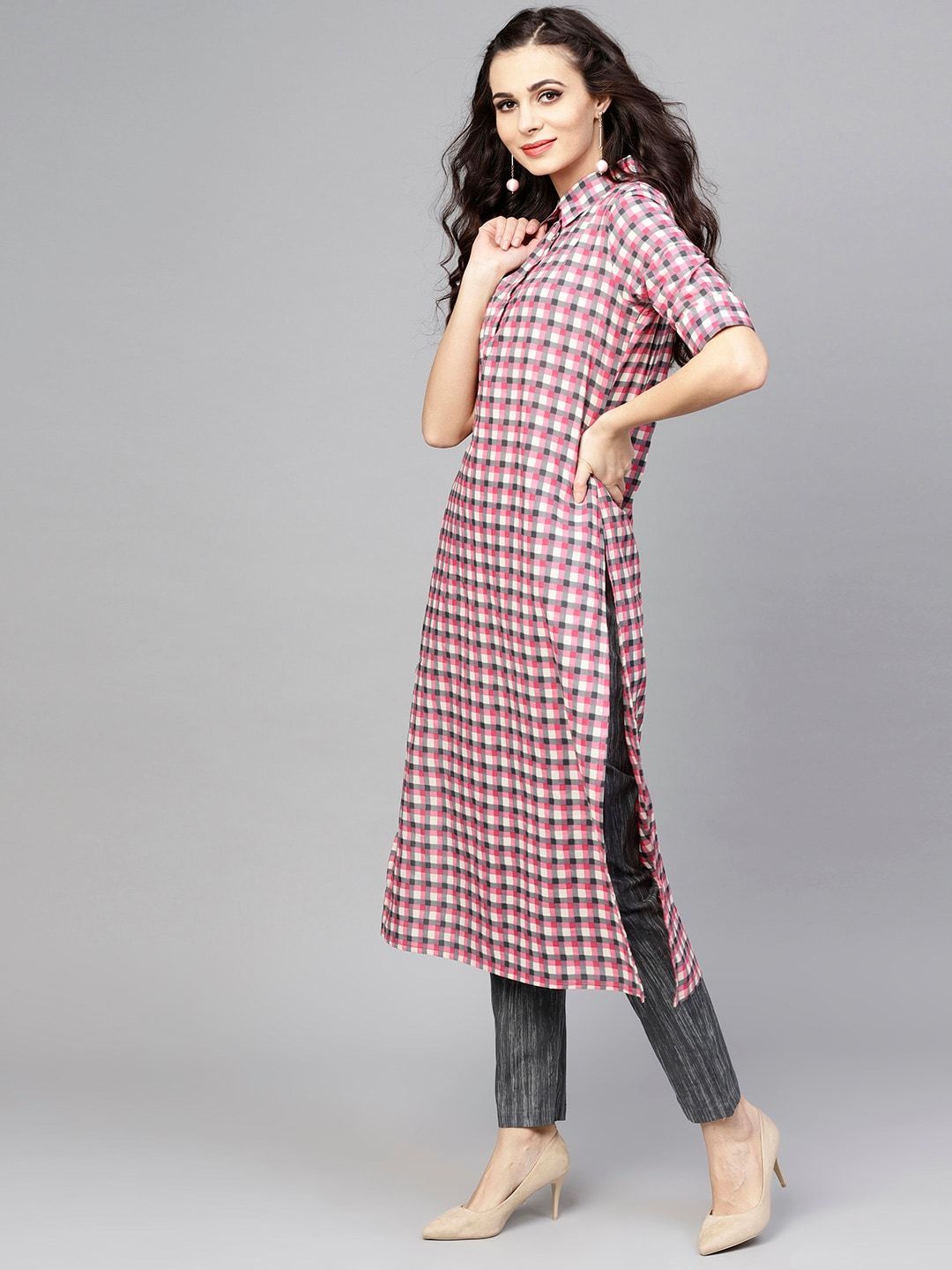 Women's  Pink & Grey Checked Kurta with Trousers