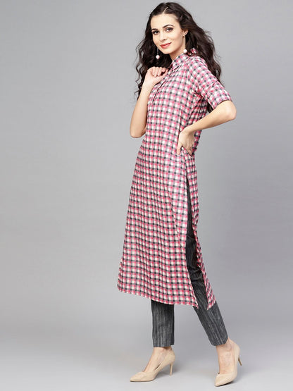 Women's  Pink & Grey Checked Kurta with Trousers