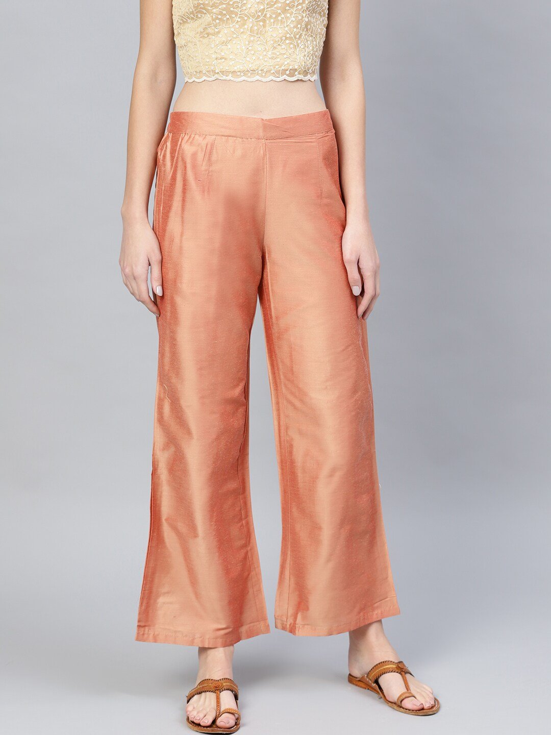 Women's  Peach-Coloured Solid Wide Leg Palazzos