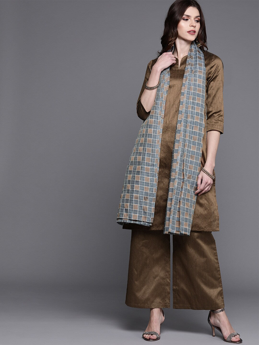 Women's Brown Textured Kurta Palazzo With Dupatta