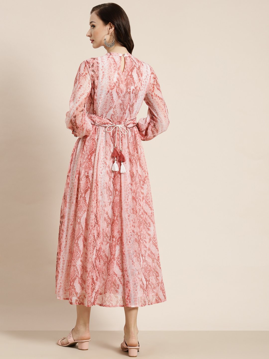 Women's Peach Chiffon Flared Printed Dress With Tie-up Blet