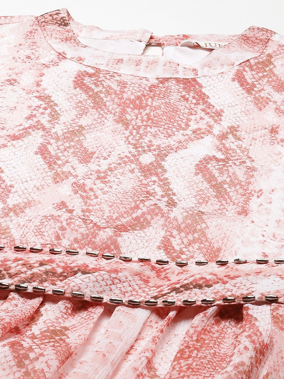 Women's Peach Chiffon Flared Printed Dress With Tie-up Blet