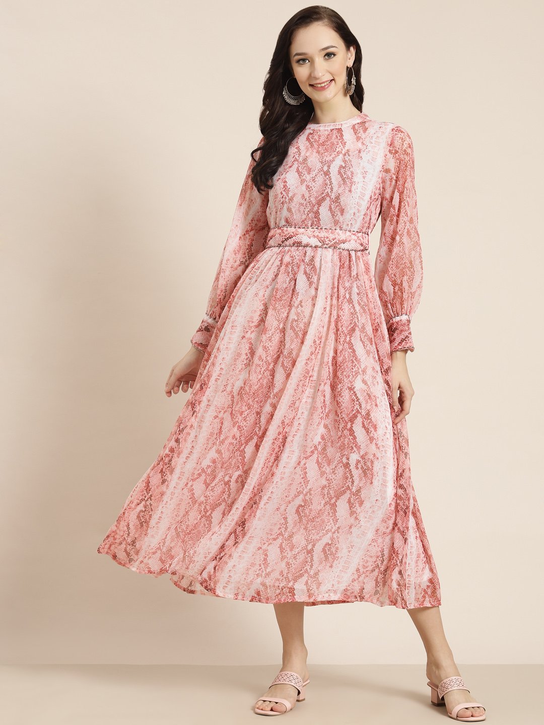 Women's Peach Chiffon Flared Printed Dress With Tie-up Blet