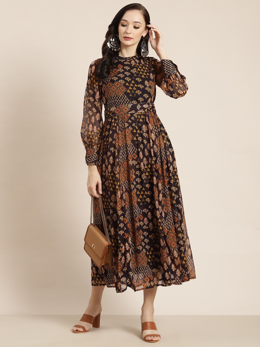 Women's Multi Chiffon Flared Printed Dress With Tie-up Blet