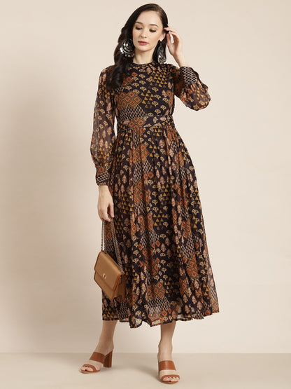 Women's Multi Chiffon Flared Printed Dress With Tie-up Blet