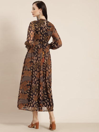 Women's Multi Chiffon Flared Printed Dress With Tie-up Blet