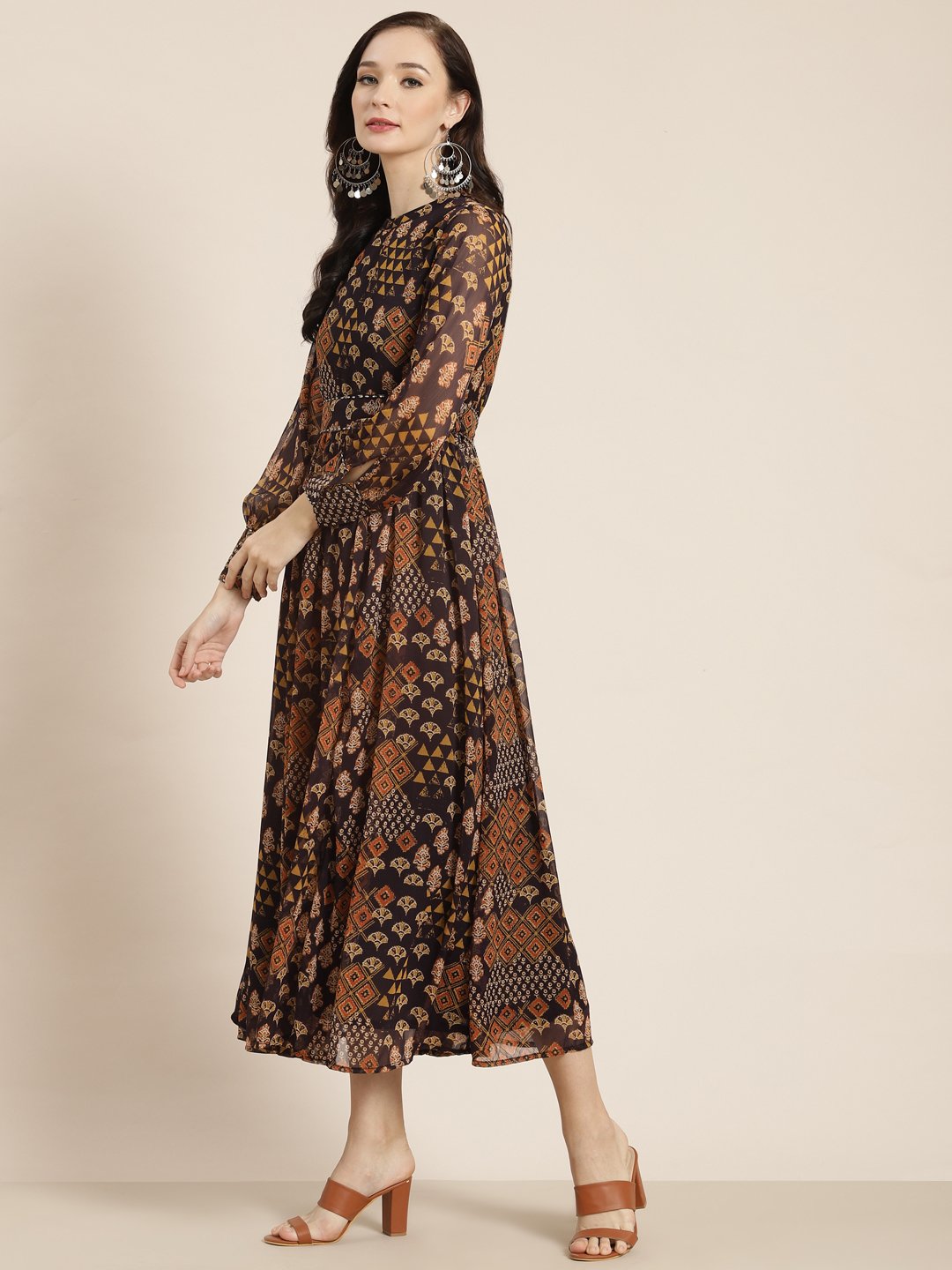 Women's Multi Chiffon Flared Printed Dress With Tie-up Blet