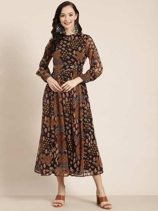 Women's Multi Chiffon Flared Printed Dress With Tie-up Blet