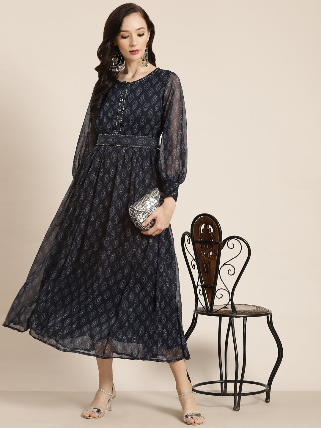 Women's Navy Chiffon Flared Printed Dress With Tie-up Blet