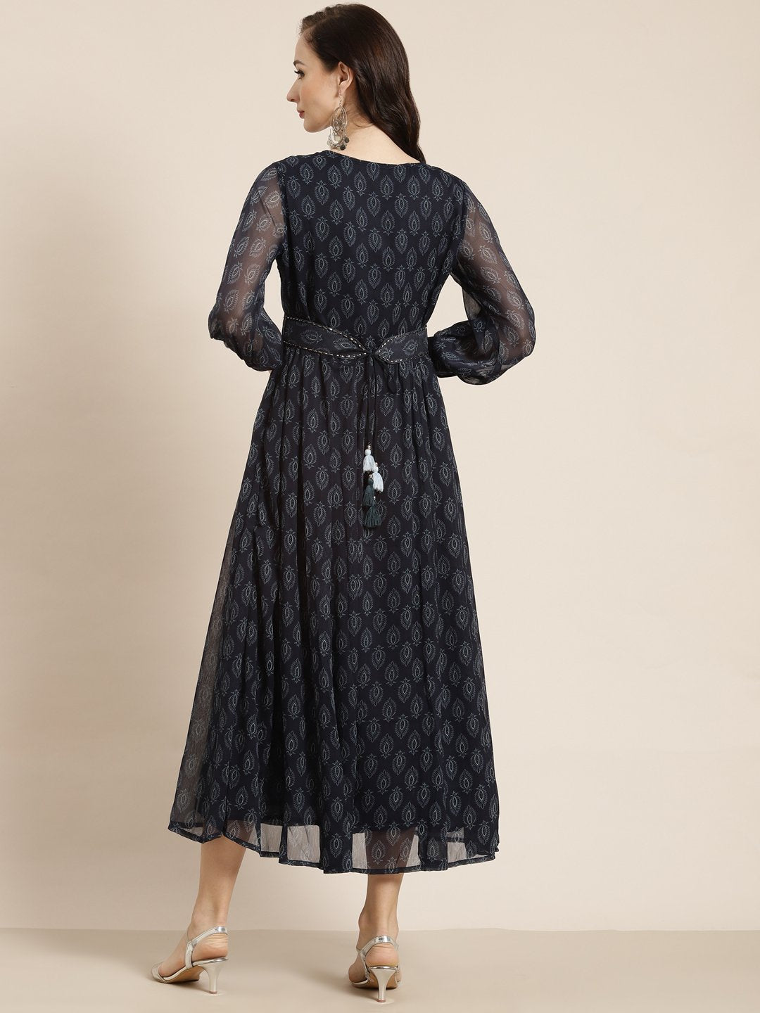 Women's Navy Chiffon Flared Printed Dress With Tie-up Blet