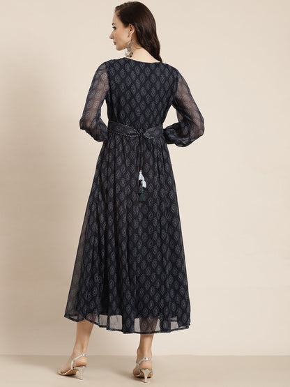 Women's Navy Chiffon Flared Printed Dress With Tie-up Blet