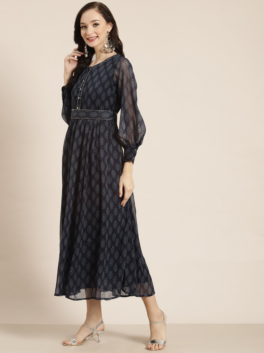 Women's Navy Chiffon Flared Printed Dress With Tie-up Blet