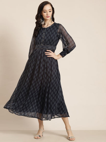 Women's Navy Chiffon Flared Printed Dress With Tie-up Blet
