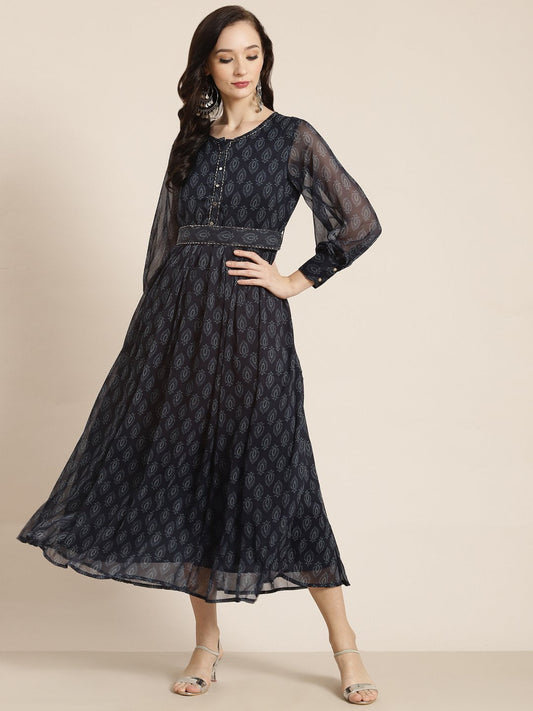 Women's Navy Chiffon Flared Printed Dress With Tie-up Blet