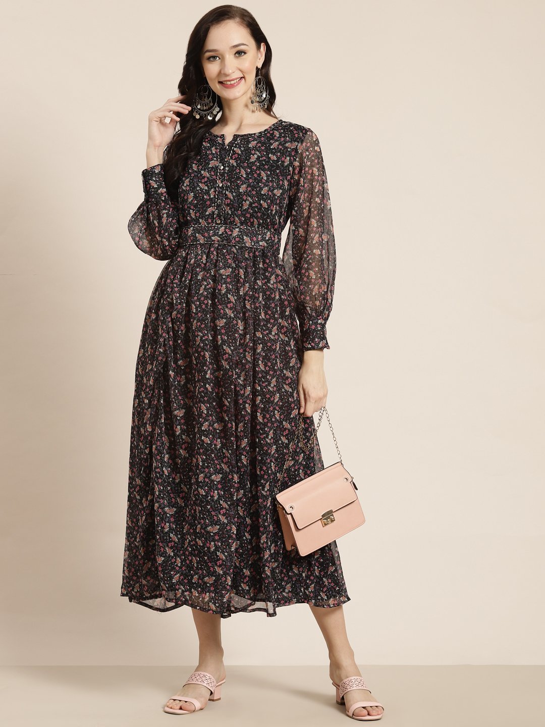 Women's Navy Chiffon Flared Printed Dress With Tie-up Blet