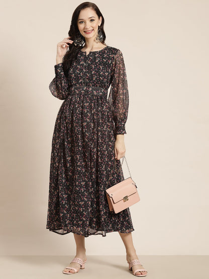 Women's Navy Chiffon Flared Printed Dress With Tie-up Blet