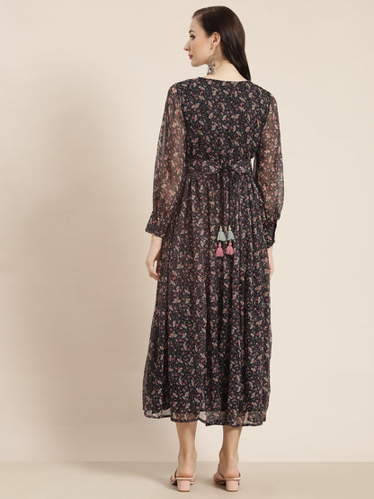 Women's Navy Chiffon Flared Printed Dress With Tie-up Blet