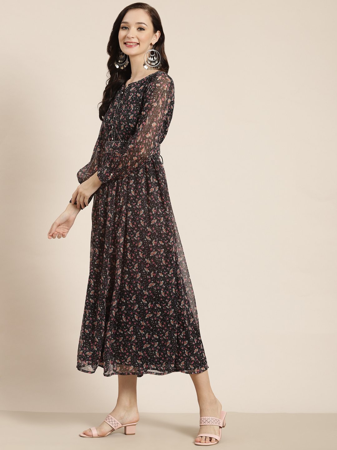 Women's Navy Chiffon Flared Printed Dress With Tie-up Blet
