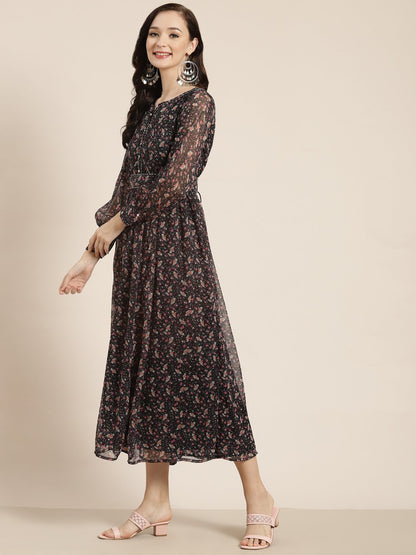 Women's Navy Chiffon Flared Printed Dress With Tie-up Blet