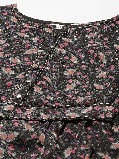 Women's Navy Chiffon Flared Printed Dress With Tie-up Blet