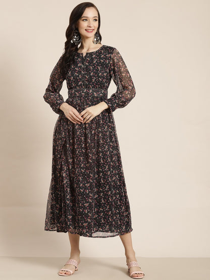 Women's Navy Chiffon Flared Printed Dress With Tie-up Blet