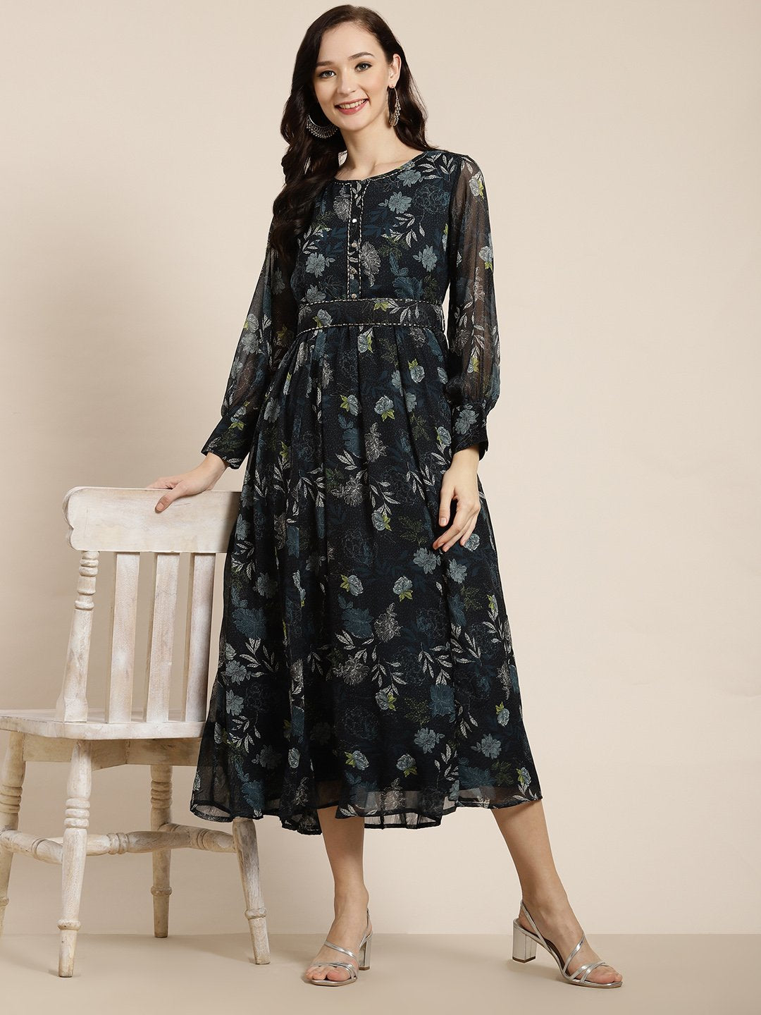 Women's Teal Chiffon Flared Printed Dress With Tie-up Blet
