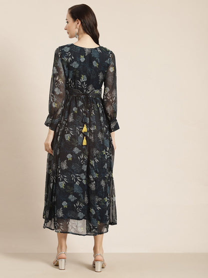 Women's Teal Chiffon Flared Printed Dress With Tie-up Blet