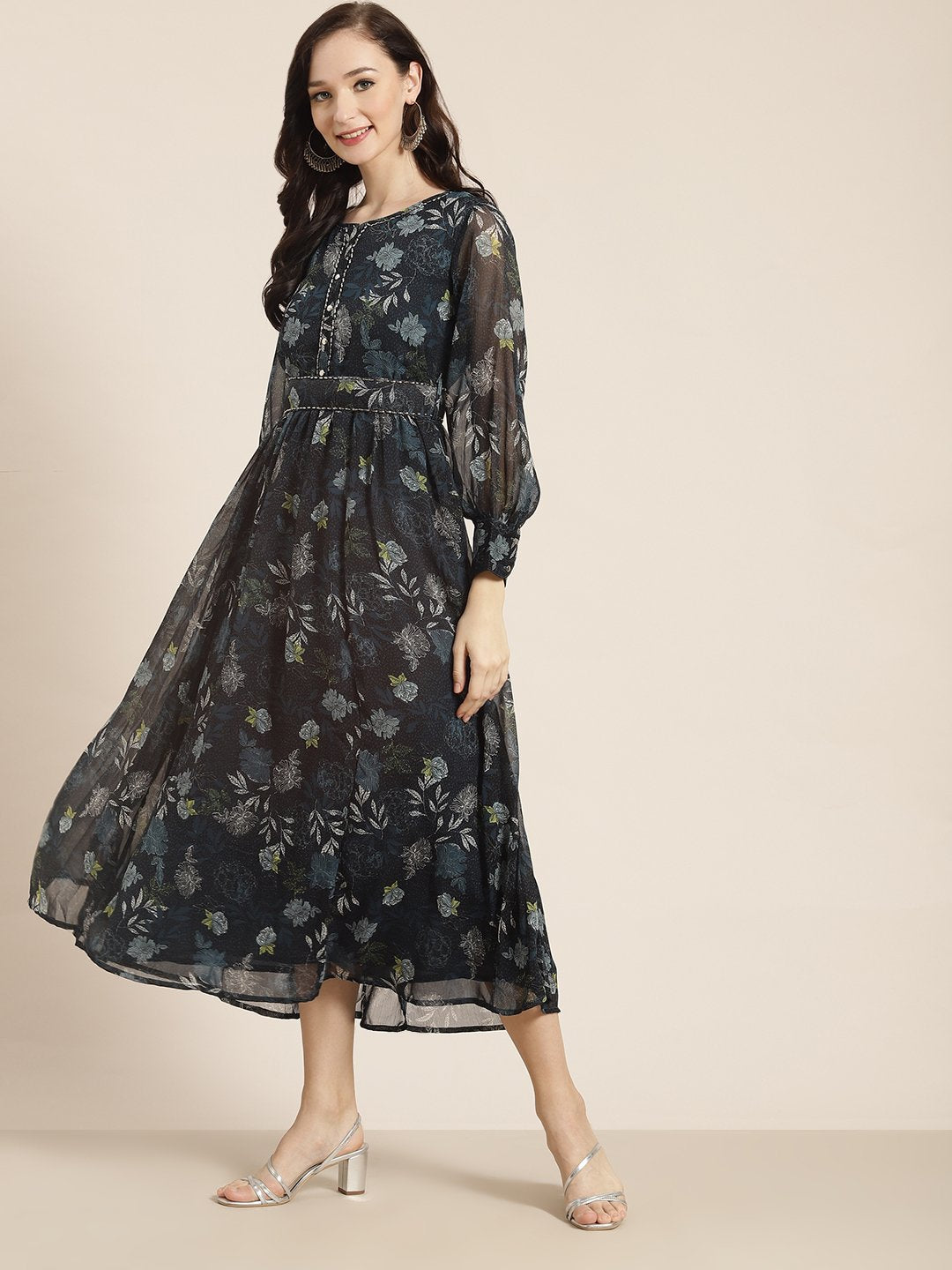 Women's Teal Chiffon Flared Printed Dress With Tie-up Blet