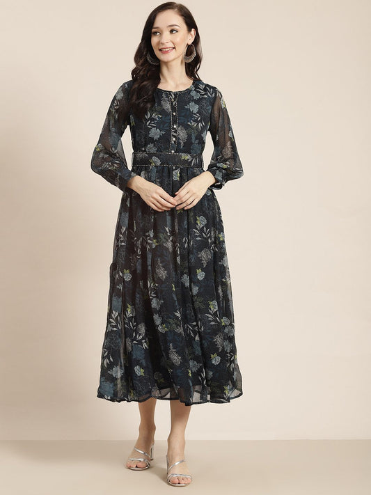 Women's Teal Chiffon Flared Printed Dress With Tie-up Blet