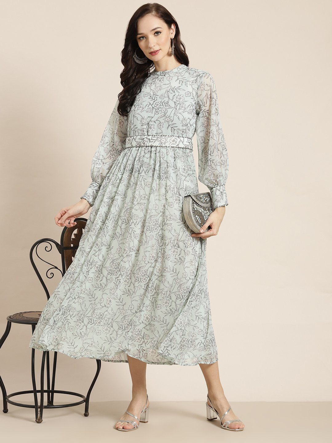 Women's Sagegreen Alphin Chiffon Flared Printed Dress With Tie-up Blet