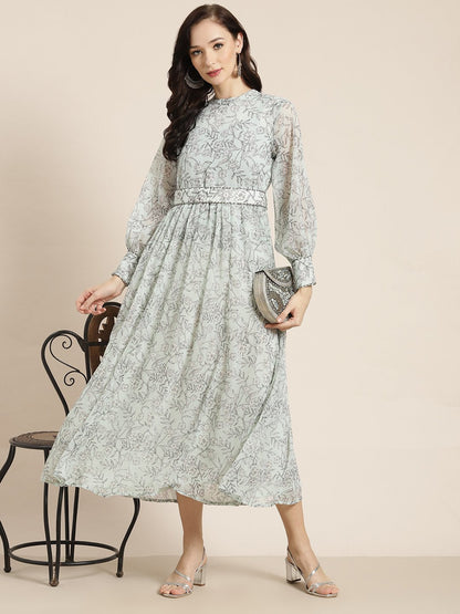 Women's Sagegreen Alphin Chiffon Flared Printed Dress With Tie-up Blet