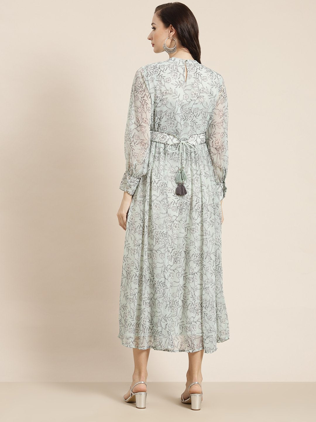 Women's Sagegreen Alphin Chiffon Flared Printed Dress With Tie-up Blet