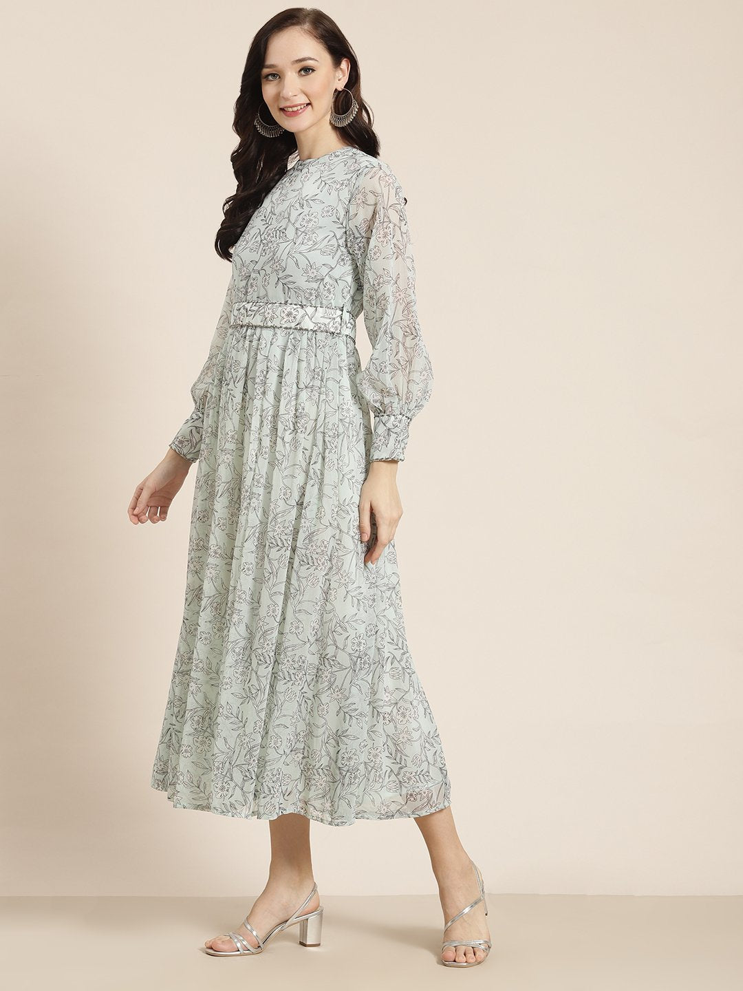 Women's Sagegreen Alphin Chiffon Flared Printed Dress With Tie-up Blet