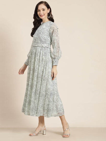 Women's Sagegreen Alphin Chiffon Flared Printed Dress With Tie-up Blet
