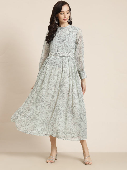 Women's Sagegreen Alphin Chiffon Flared Printed Dress With Tie-up Blet