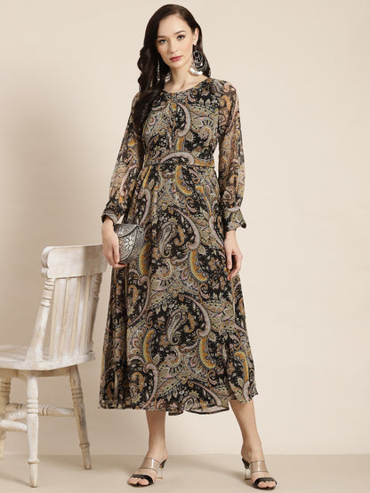 Women's Black Alphin Chiffon Flared Printed Dress With Tie-up Blet