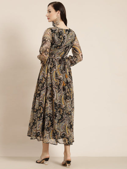 Women's Black Alphin Chiffon Flared Printed Dress With Tie-up Blet