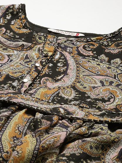 Women's Black Alphin Chiffon Flared Printed Dress With Tie-up Blet