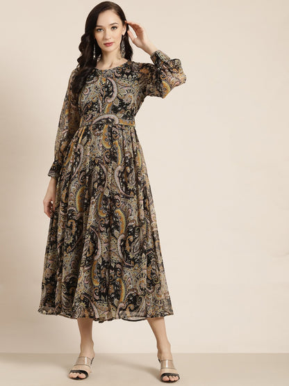 Women's Black Alphin Chiffon Flared Printed Dress With Tie-up Blet