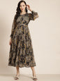 Women's Black Alphin Chiffon Flared Printed Dress With Tie-up Blet