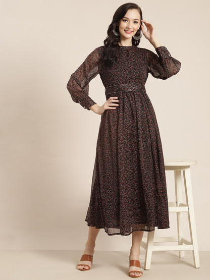 Women's Black Alphin Chiffon Flared Printed Dress With Tie-up Blet