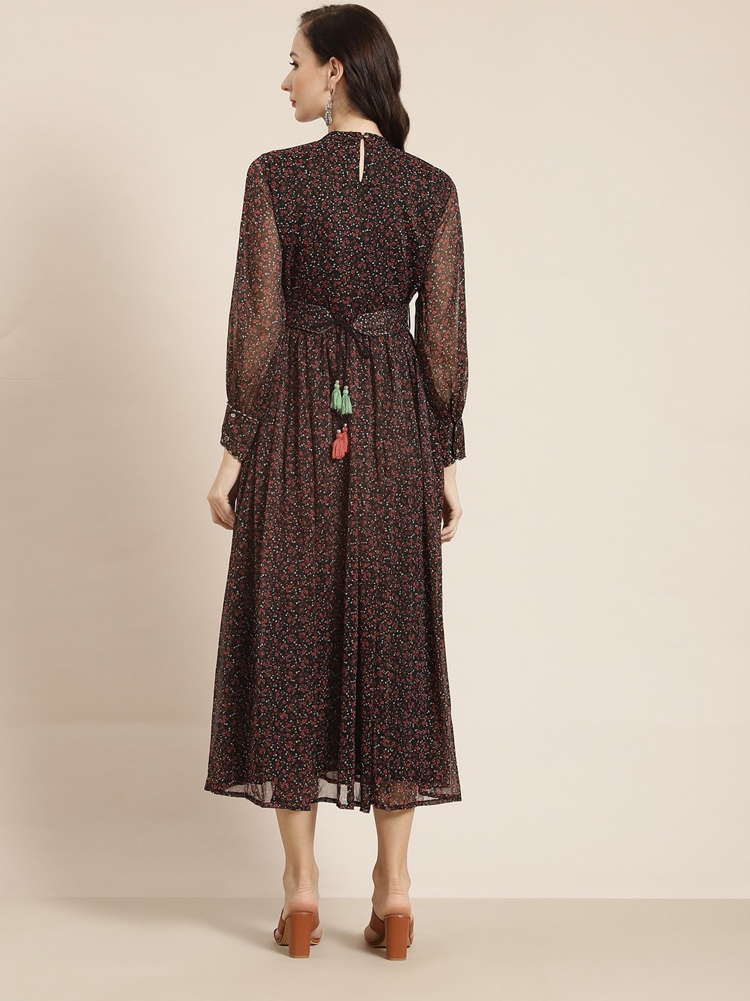 Women's Black Alphin Chiffon Flared Printed Dress With Tie-up Blet