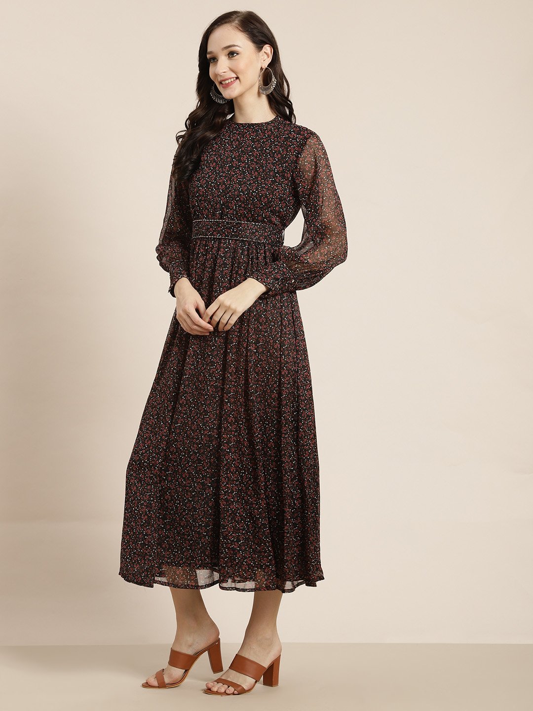 Women's Black Alphin Chiffon Flared Printed Dress With Tie-up Blet