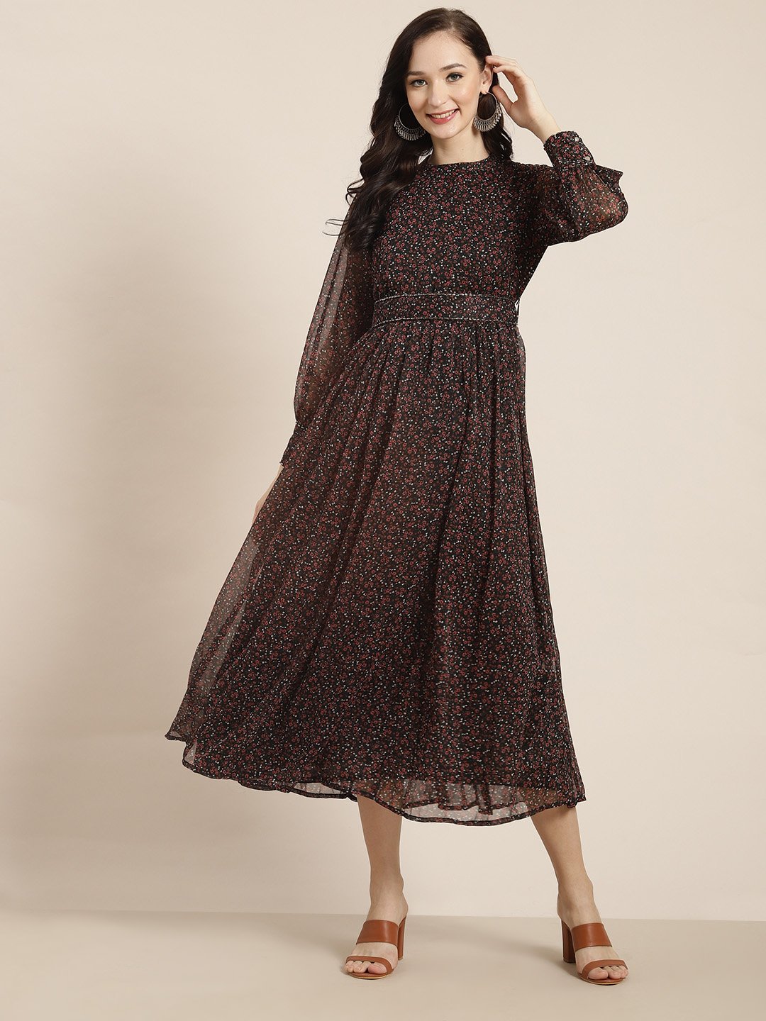 Women's Black Alphin Chiffon Flared Printed Dress With Tie-up Blet