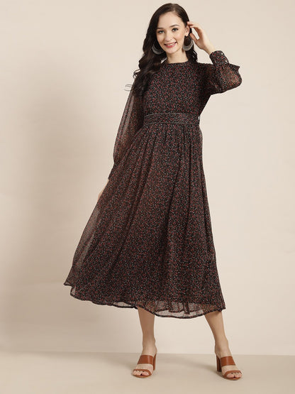Women's Black Alphin Chiffon Flared Printed Dress With Tie-up Blet