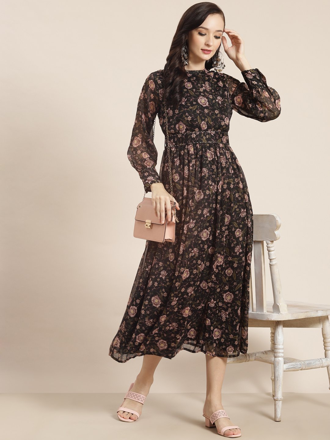 Women's Black Alphin Chiffon Flared Printed Dress With Tie-up Blet