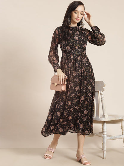 Women's Black Alphin Chiffon Flared Printed Dress With Tie-up Blet